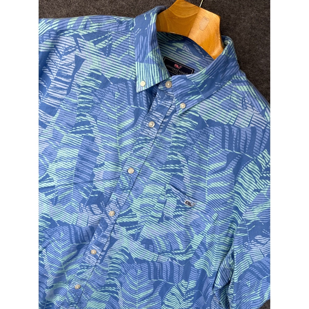 Vineyard Vines Mens XXL‎ Blue Green Tropical Palm Classic Fit Shirt Spring Break